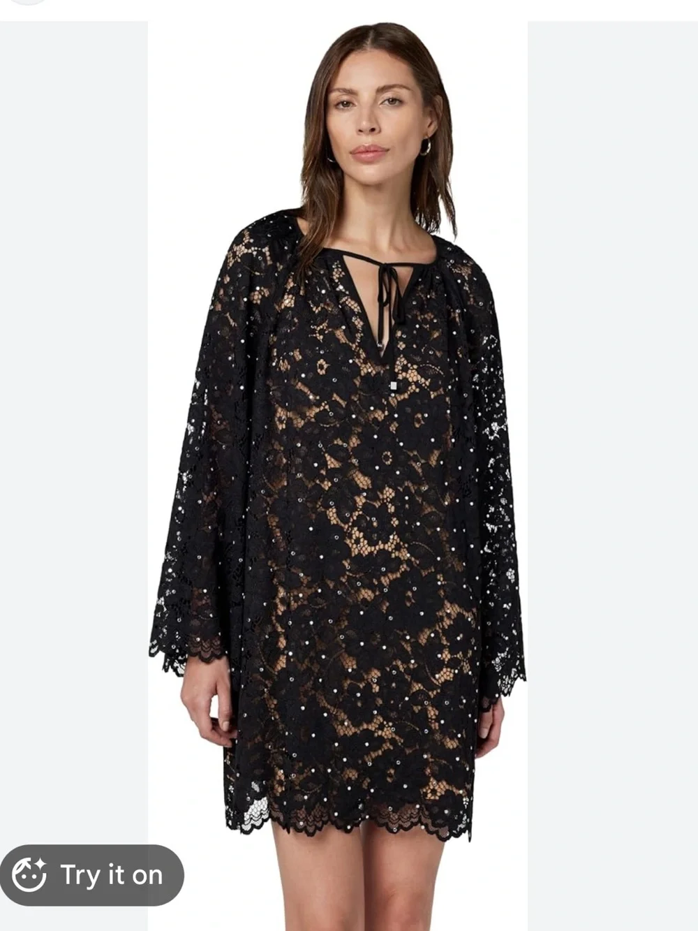 Michael Kors Studded Corded Floral Lace V-Neck Dress Black